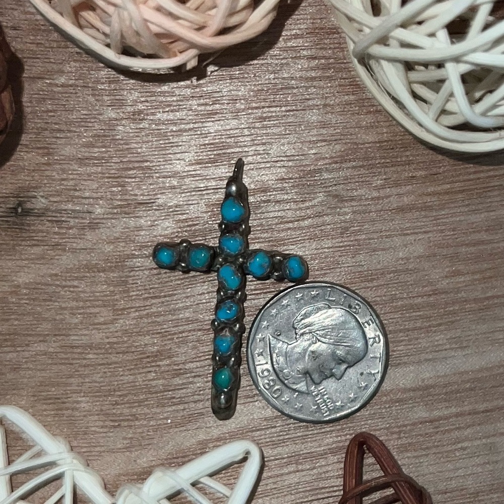 Vtg Double Sided Cross- Turquoise/Coral Sterling- - image 4